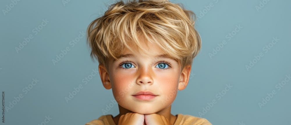 A young boy, blond-haired with blue eyes, gazes seriously into the camera A young boy, blond-haired with blue eyes, gazes seriously into the camera