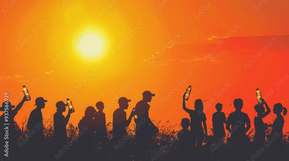 People drinking bottled water , Summer heat , Glowing sun , Outdoor hydration People drinking bottled water , Summer heat , Glowing sun , Outdoor hydration