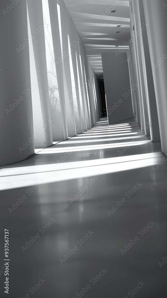 Fototapeta premium Abstract White Corridor A minimalist hallway of receding white frames, leading to a bright, undefined space beyond. The image evokes a sense of depth, perspective, and possibility.
