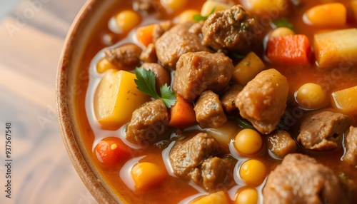 Top View of Puchero: Hearty South American Stew with Beef, Pork, Vegetables, and Legumes photo