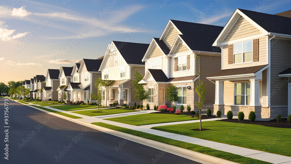 image depicts a suburban neighborhood with modern, single-story houses, Modern town homes side the road, New homes at Indian reservation image depicts a suburban neighborhood with modern, single-story houses, Modern town homes side the road, New homes at Indian reservation