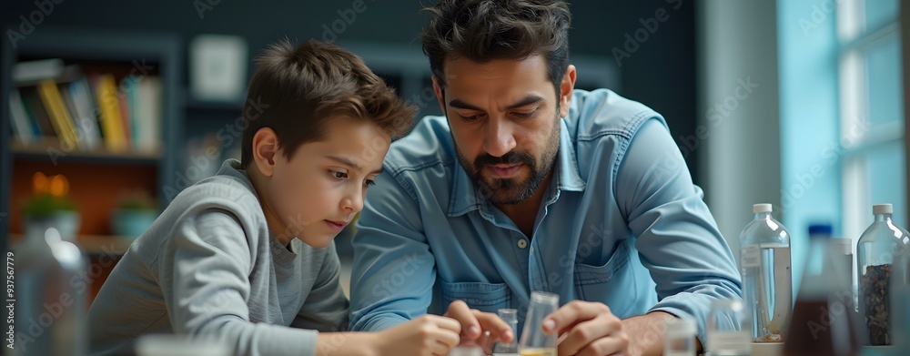 Father and Son Doing Science Experiment Together at Home Father and Son Doing Science Experiment Together at Home