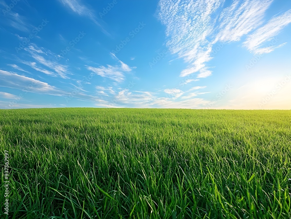 Expansive green meadow with clear blue sky and fluffy white clouds in the tranquil countryside Expansive green meadow with clear blue sky and fluffy white clouds in the tranquil countryside