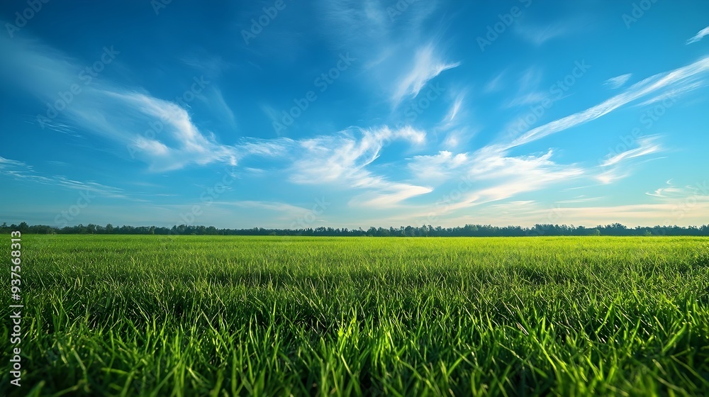 Breathtaking early morning landscape with lush green field and vibrant blue sky