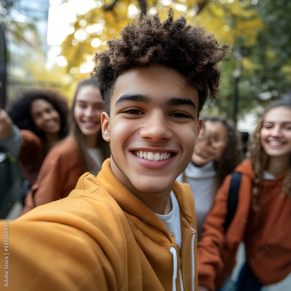 Happy Young Man Taking Selfie with Friends In The Park