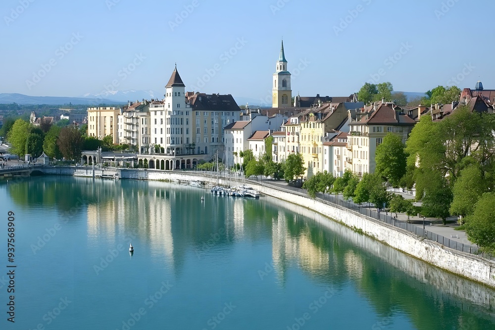 Beautiful European Cityscape with River and Buildings Beautiful European Cityscape with River and Buildings
