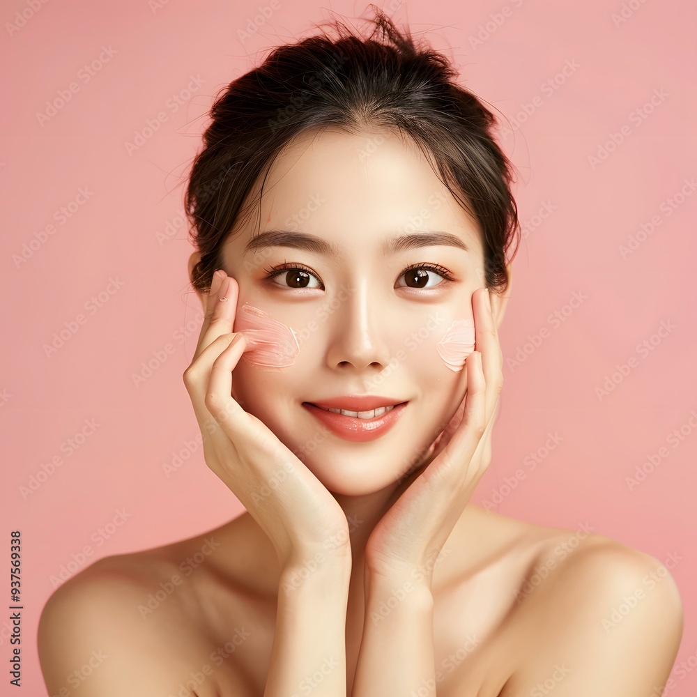 Smiling Asian Woman Applying Pink Face Mask On Her Cheeks Smiling Asian Woman Applying Pink Face Mask On Her Cheeks