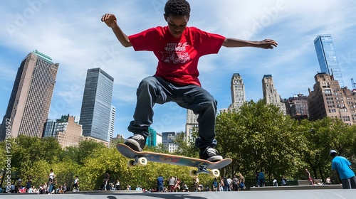 Black Teenager Skateboarding in New York City