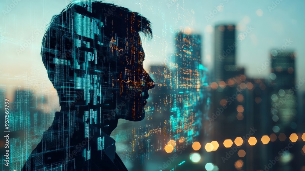 Double exposure of a man's silhouette and cityscape, symbolizing technology, innovation, and urban life in a modern metropolis. Double exposure of a man's silhouette and cityscape, symbolizing technology, innovation, and urban life in a modern metropolis.