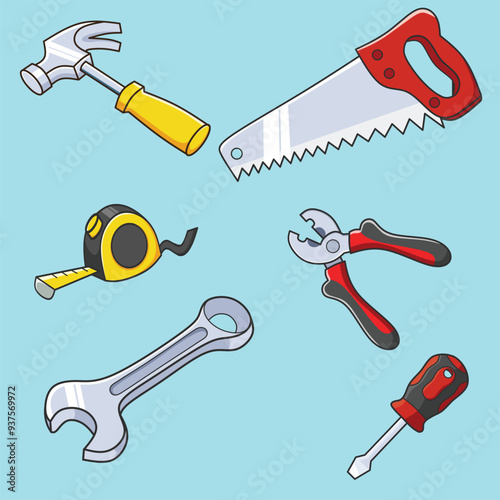 Set Tools Vector Illustration Cartoon. (Screwdriver, Hammer,  Saw, Wrench, Pliers, Roll Mater)