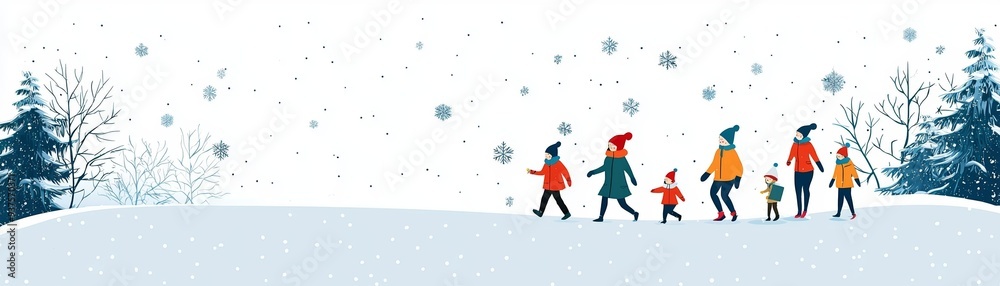 A festive group enjoying a snowy day, walking together amidst falling snowflakes and winter scenery.