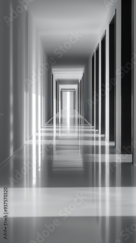 Abstract White Corridor  A minimalist hallway of receding white frames, leading to a bright, undefined space beyond.  The image evokes a sense of depth, perspective, and possibility.