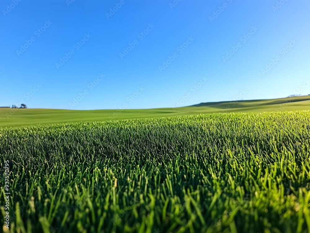 Obraz premium Expansive Lush Green Meadow with Clear Blue Sky Horizon