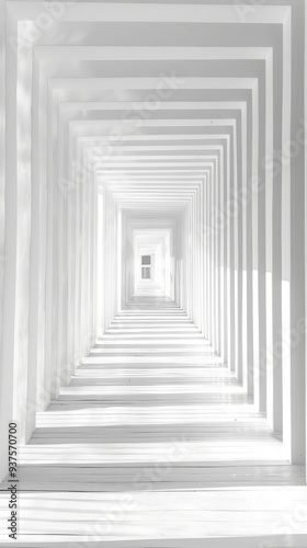 Abstract White Corridor A minimalist hallway of receding white frames, leading to a bright, undefined space beyond. The image evokes a sense of depth, perspective, and possibility.