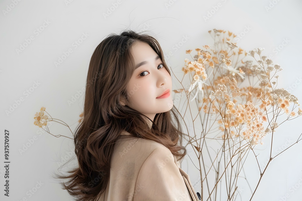 Naklejka premium Beautiful Asian Woman with Flowers