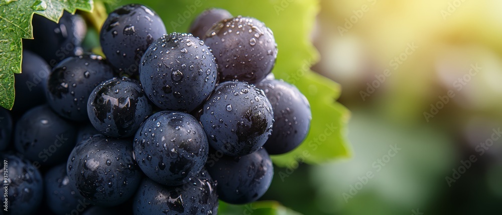 A tight shot of grapes bunched on a vine, adorned with dewdrops on their leafy surrounds A tight shot of grapes bunched on a vine, adorned with dewdrops on their leafy surrounds