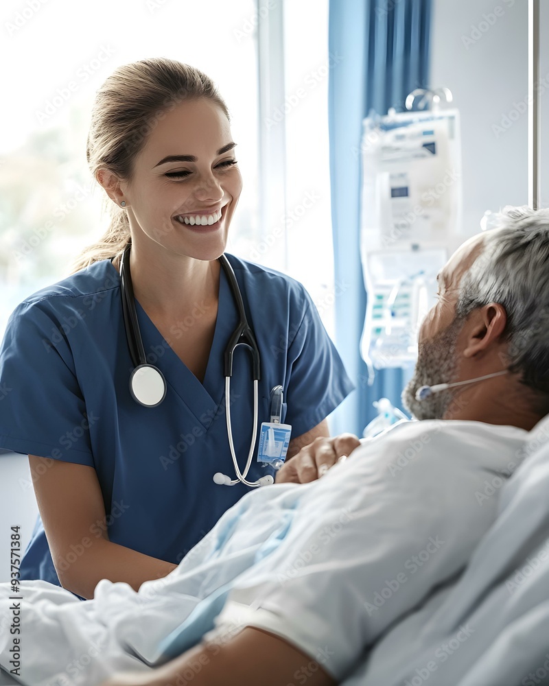 Fototapeta premium Smiling Nurse Talking to Patient in Hospital Bed