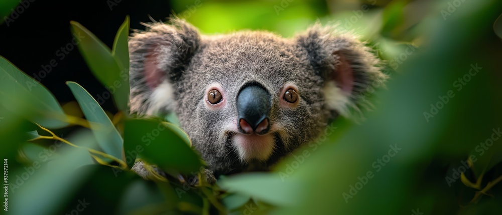A startled koala, up-close in a tree, gazes directly at the camera A startled koala, up-close in a tree, gazes directly at the camera