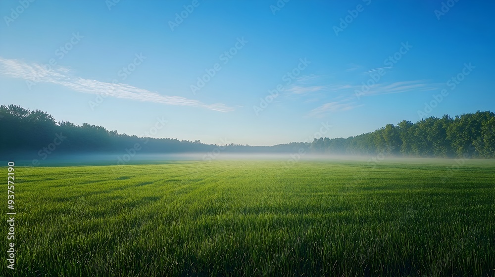 Fototapeta premium Early Morning Misty Meadow with Lush Green Grass and Clear Blue Sky
