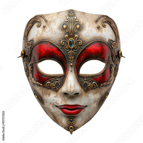 Elegant decorative mask with red accents and intricate designs, evoking mystery and allure. 