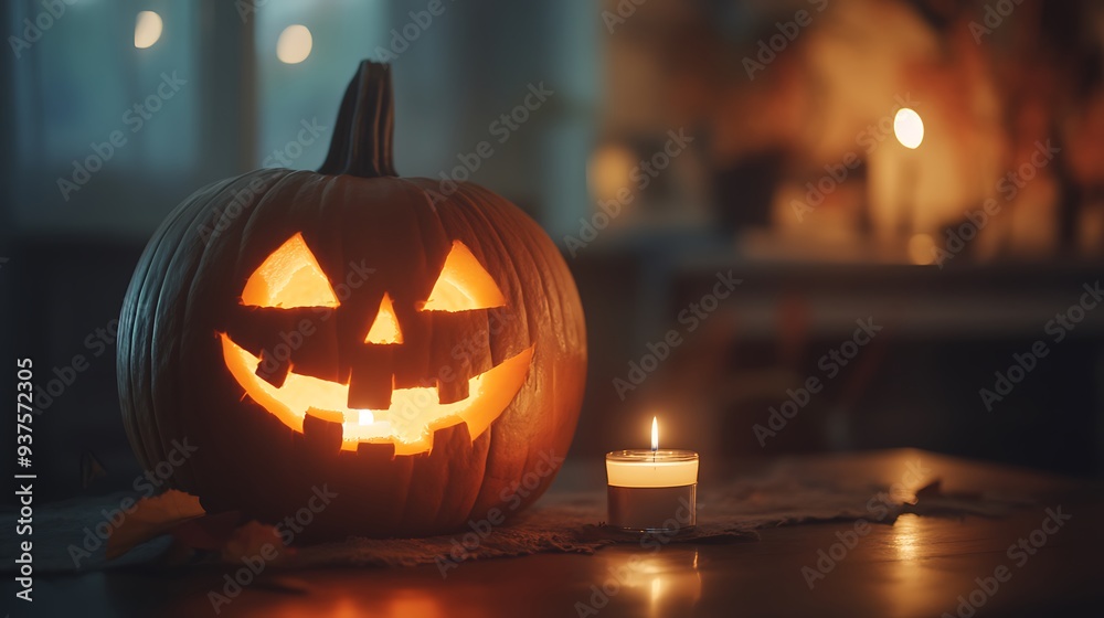 A pumpkin carved into a friendly face, with a candle inside lighting it up. A pumpkin carved into a friendly face, with a candle inside lighting it up.