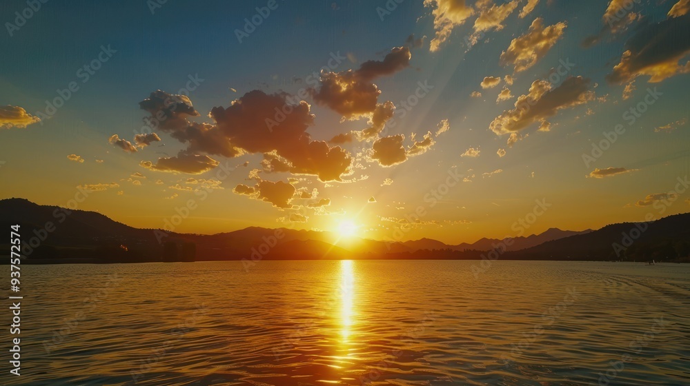 Fototapeta premium Golden Sunset over Lake with Mountain Silhouette