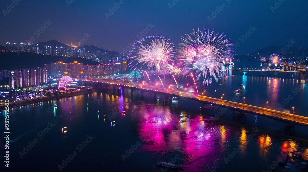 Nighttime Fireworks Display Over City Bridge