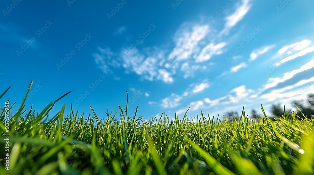 Fototapeta premium Early Morning Tranquil Grassy Meadow with Bright Blue Sky and Fluffy White Clouds