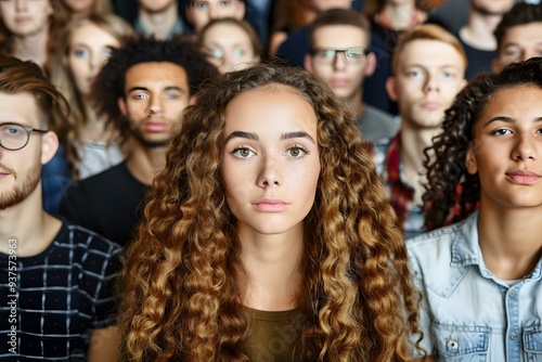 Close Up Portrait of Young Woman with Curly Hair in Crowd