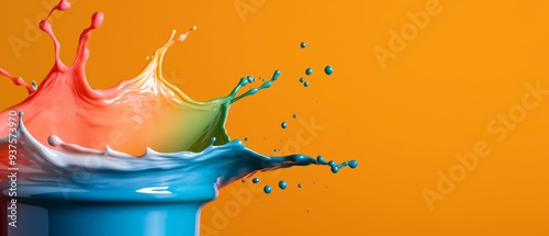  Multicolored liquid splurts from a blue cup against an orange backdrop, creating a splash that reaches the bottom, transforming it into a redder shade (45 tokens photo