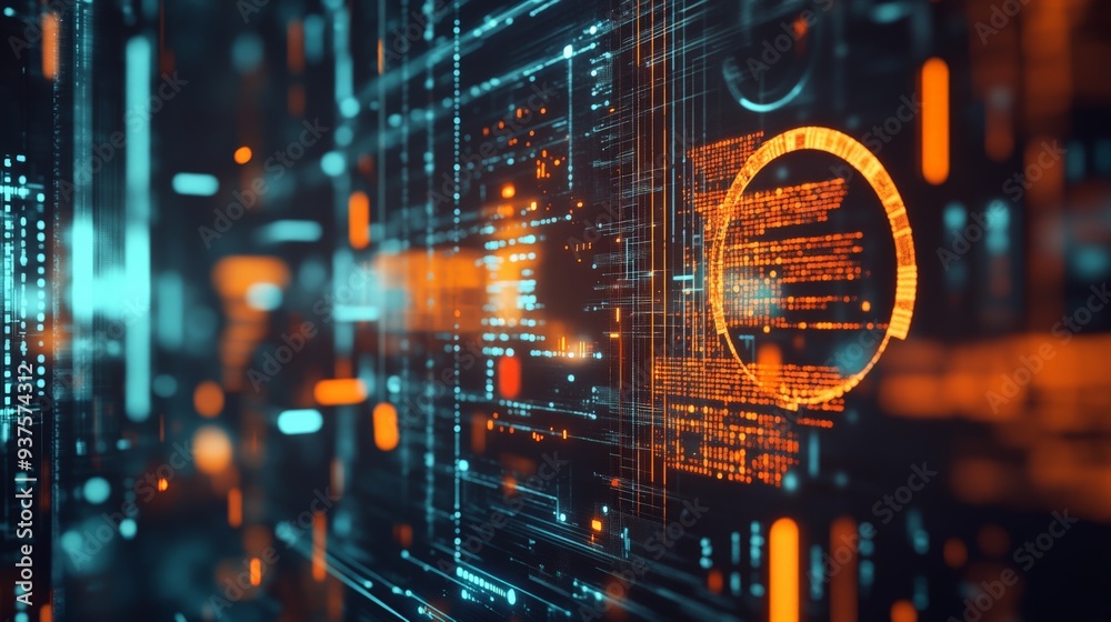 Fototapeta premium Futuristic digital background featuring glowing data streams and abstract circuit patterns, epitomizing advanced technology and data flow.