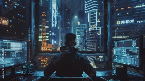 Cyberpunk Cityscape: A Lone Figure Gazing Out From a Control Room