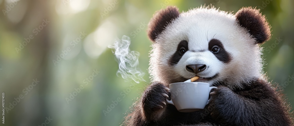 A panda sips tea from a cup, steam rising gently, without smoking or holding a cigarette A panda sips tea from a cup, steam rising gently, without smoking or holding a cigarette
