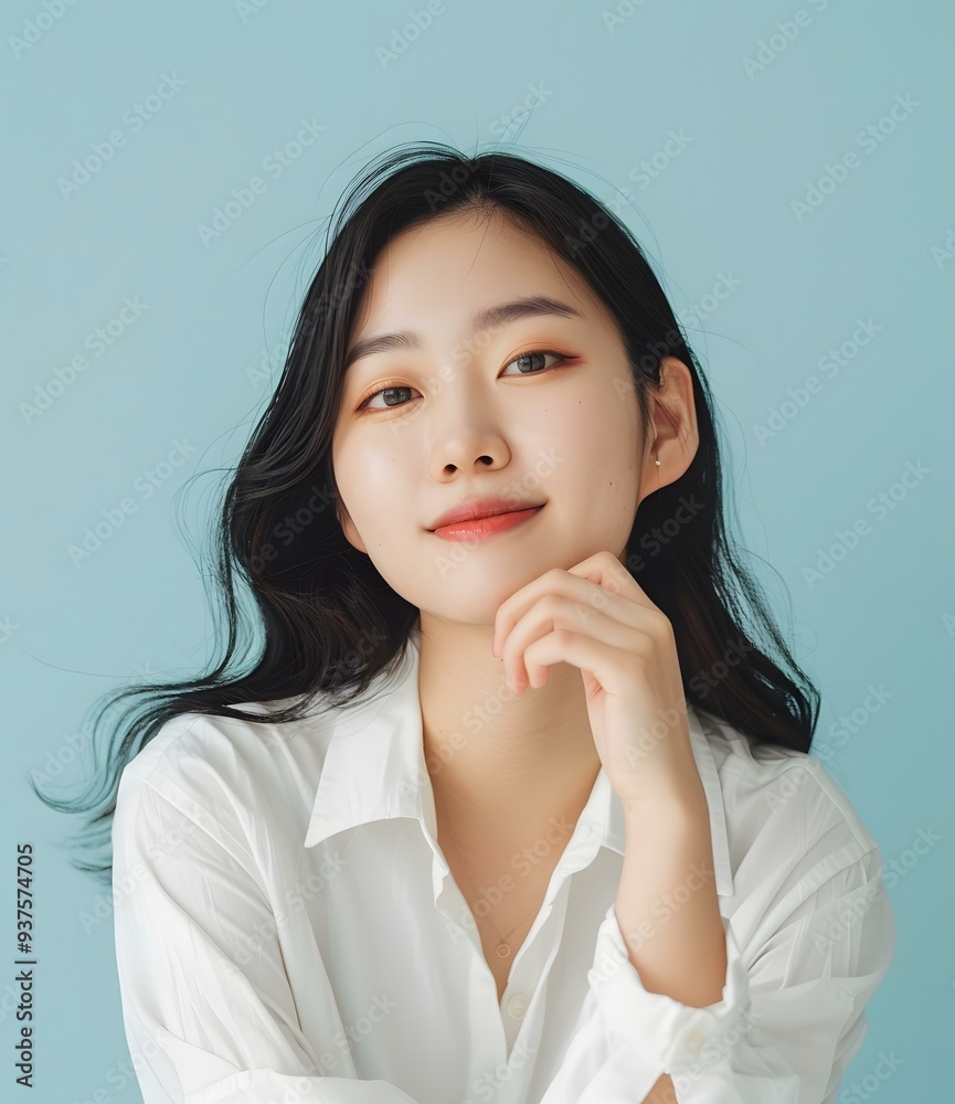 Portrait of a Young Asian Woman with Long Black Hair Wearing a White Shirt Portrait of a Young Asian Woman with Long Black Hair Wearing a White Shirt