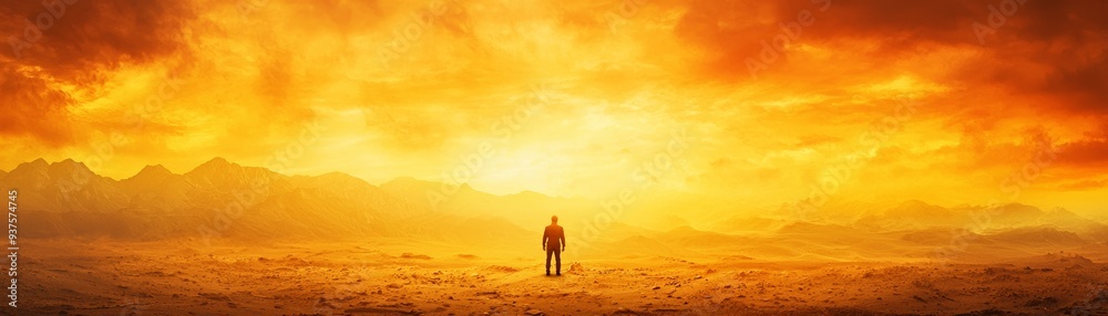 A lone figure stands against a vibrant sunset, embodying solitude and reflection in a breathtaking landscape. A lone figure stands against a vibrant sunset, embodying solitude and reflection in a breathtaking landscape.