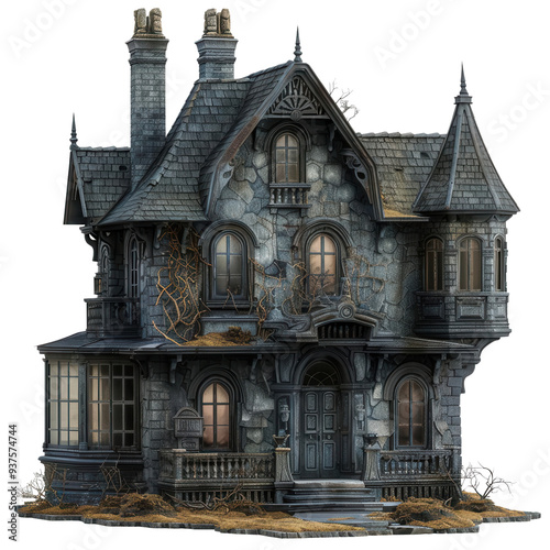 A spooky, gothic style house with intricate stonework, overgrown vines, and dark, mysterious atmosphere. structure evokes feelings of intrigue and eeriness. 