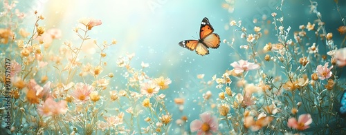 A vibrant butterfly flutters gracefully among colorful flowers, evoking sense of tranquility and joy in sunlit garden. 
