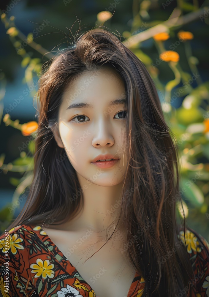 Portrait of a Beautiful Young Woman with Long Dark Hair and a Floral Dress Portrait of a Beautiful Young Woman with Long Dark Hair and a Floral Dress