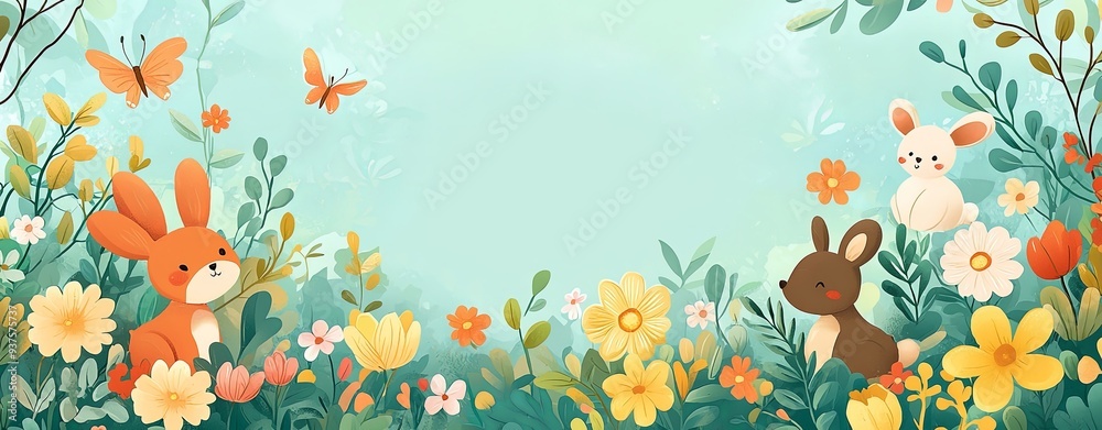 Cute rabbits and butterflies in vibrant floral garden create cheerful and playful atmosphere. Cute rabbits and butterflies in vibrant floral garden create cheerful and playful atmosphere.