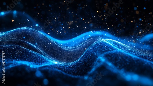 Abstract image with glowing blue waves flowing across a black background, emphasizing modern minimalism and fluidity