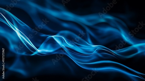 Dark abstract background featuring soft blue waves flowing across a black backdrop, emphasizing motion and modern fluidity