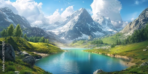 a beautiful mountain landscape with a lake in the foreground
