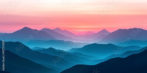 Beautiful sunrise over serene layered mountains with hues of blue and pink, creating a peaceful and tranquil natural landscape scenery