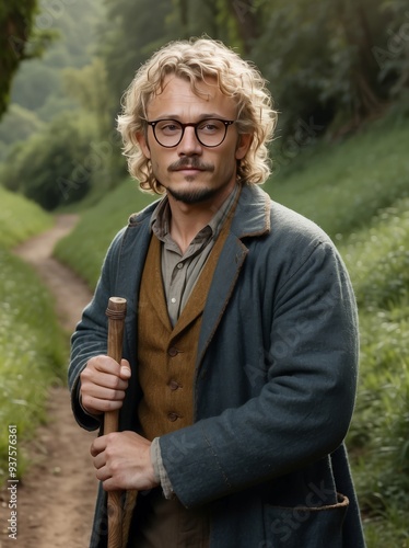 Portrait of a handsome man with blond curly hair wearing a vintage coat and glasses. Generative AI. photo