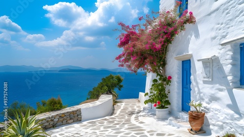 Greek island house with azure sea in the background AI generated illustration