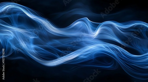 Elegant abstract background featuring flowing blue waves with a soft glow, creating depth and motion over a dark black backdrop