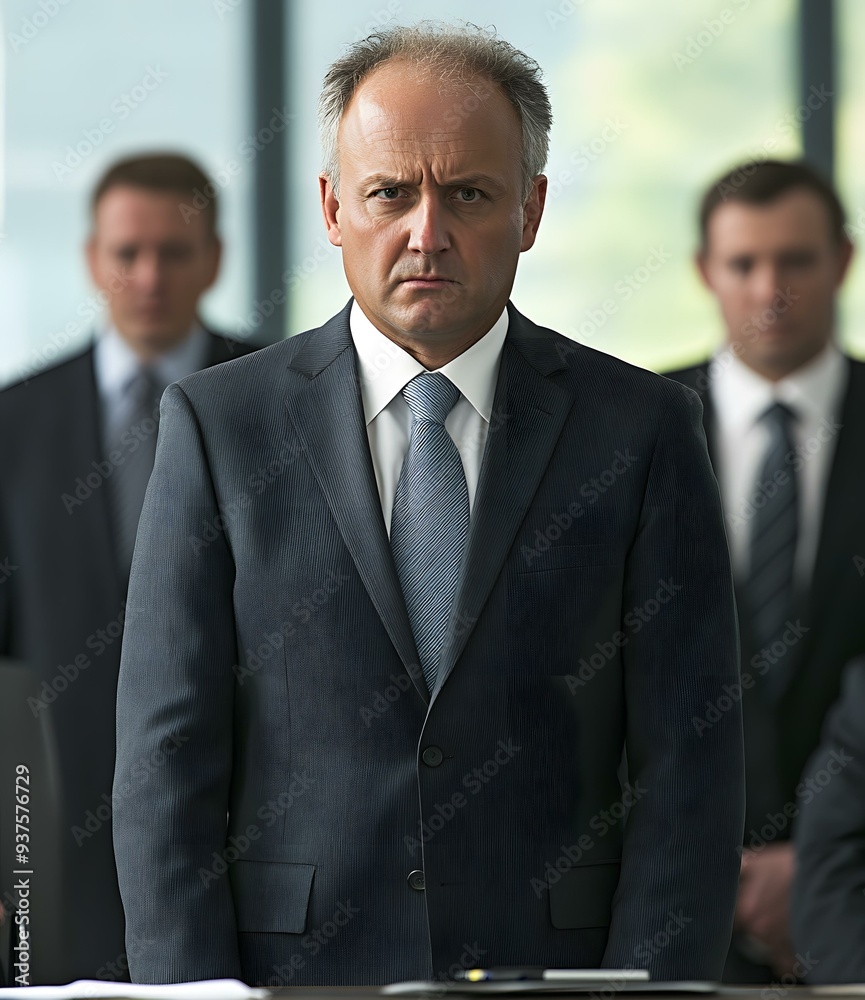 Serious Businessman in Suit Standing in Front of Other Businessmen Serious Businessman in Suit Standing in Front of Other Businessmen