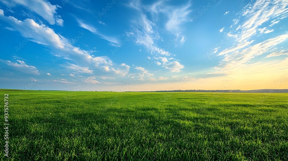 Obraz premium Expansive green meadow under a brilliant blue sky with wispy clouds at sunrise
