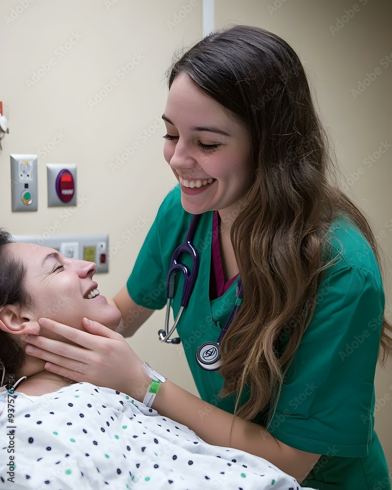 Smiling Nurse Providing Care and Support to a Patient in Hospital Room Smiling Nurse Providing Care and Support to a Patient in Hospital Room