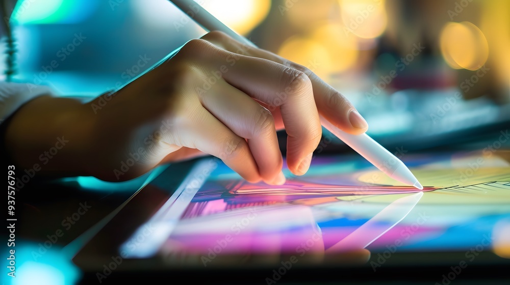 Obraz premium Hands using a tablet with a stylus for digital design AI generated illustration